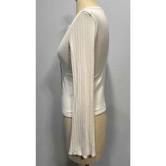 Madewell Flared-Sleeve Cardigan Sweater Top XS Beige Button Up Crew Neck Ribbed - Picture 2 of 14